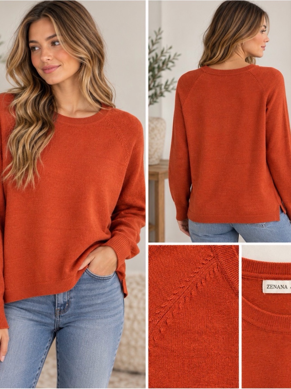 Zenana Outfitters Burnt Orange Crewneck Sweater for Women